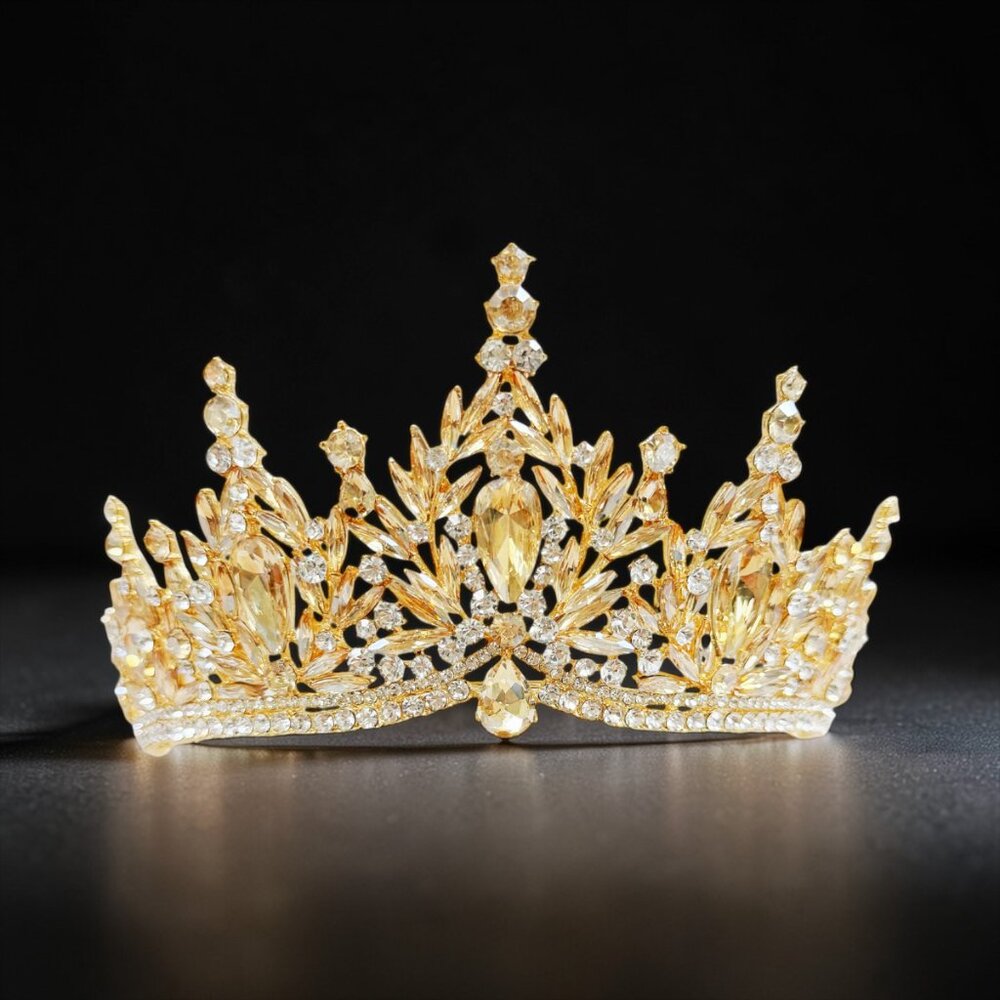 Gold tiara crown, Victorian tiara, gold crystal crown, Royal princess crown